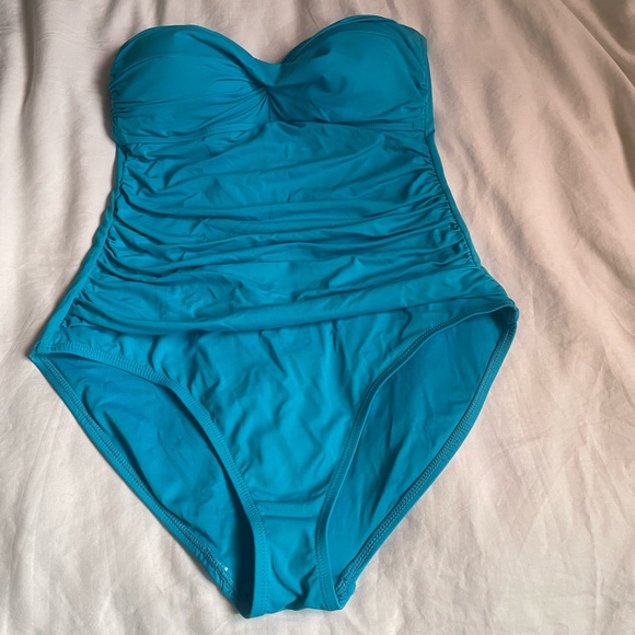 Anne Cole Ruched Turquoise Strapless One-Piece Swimsuit - Picture 2 of 5